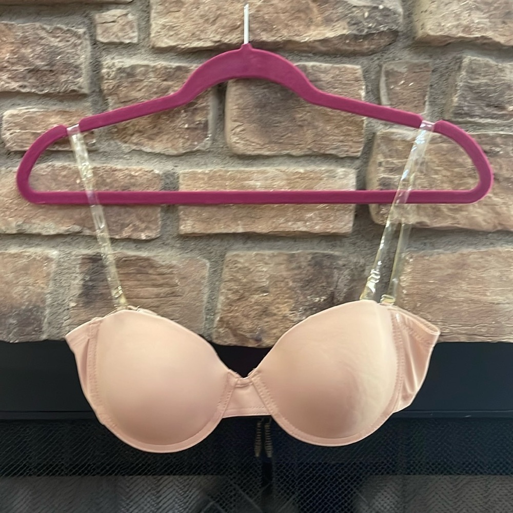 Younita tan push up bra with clear, adjustable, removable straps. 34D